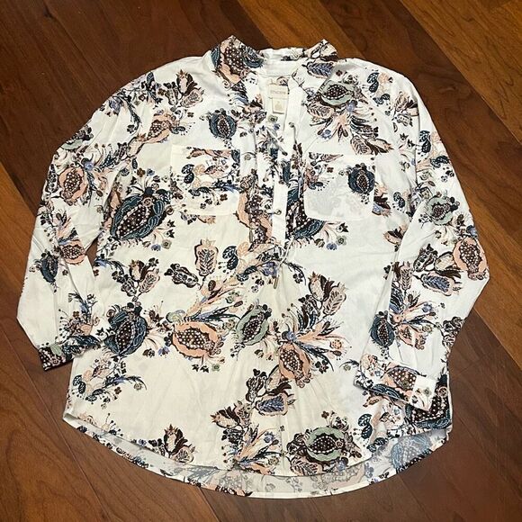 Chico's women's Silky Soft Botanical Lace-up Long sleeve Tunic top size 2 (us si - Picture 1 of 9